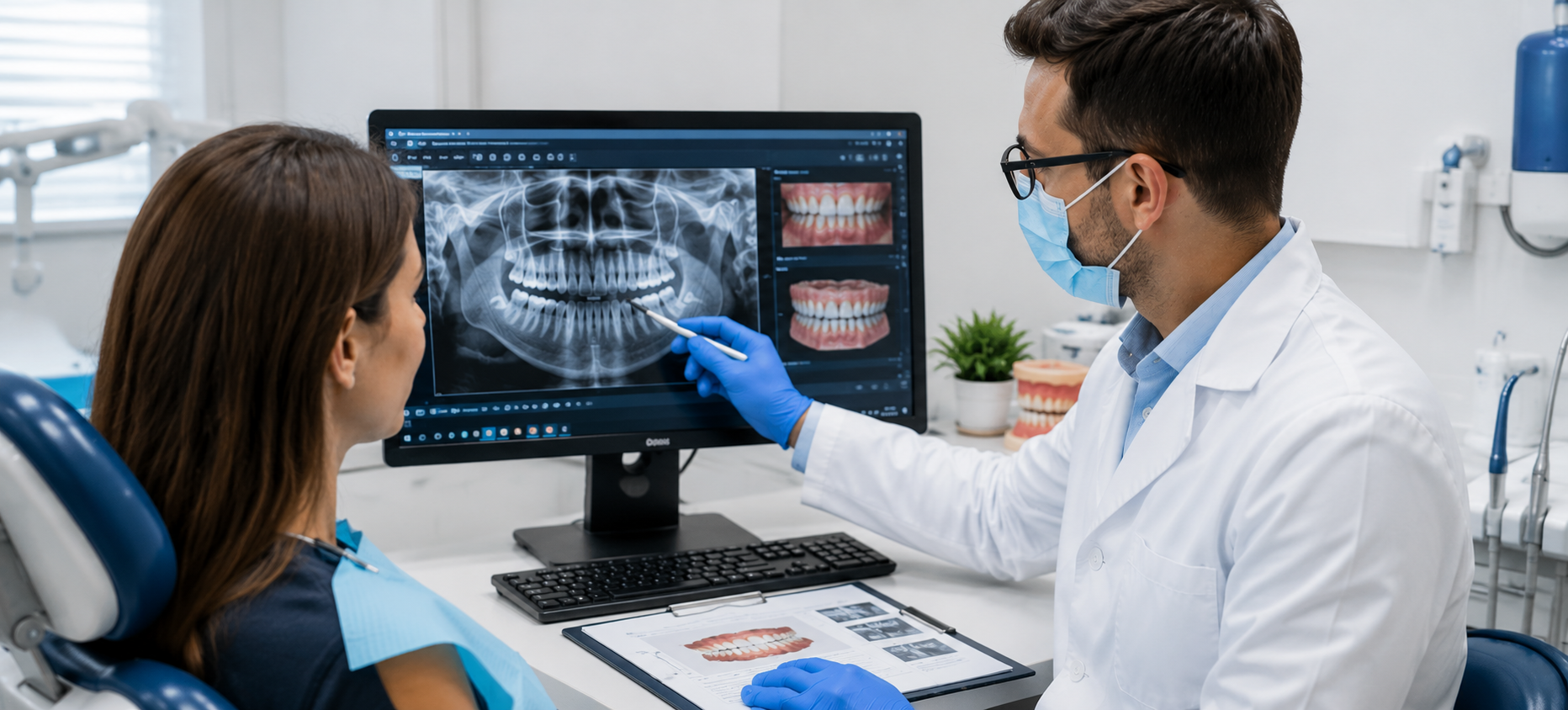 Dentist discussing a personalized dental treatment plan with a patient during a consultation.